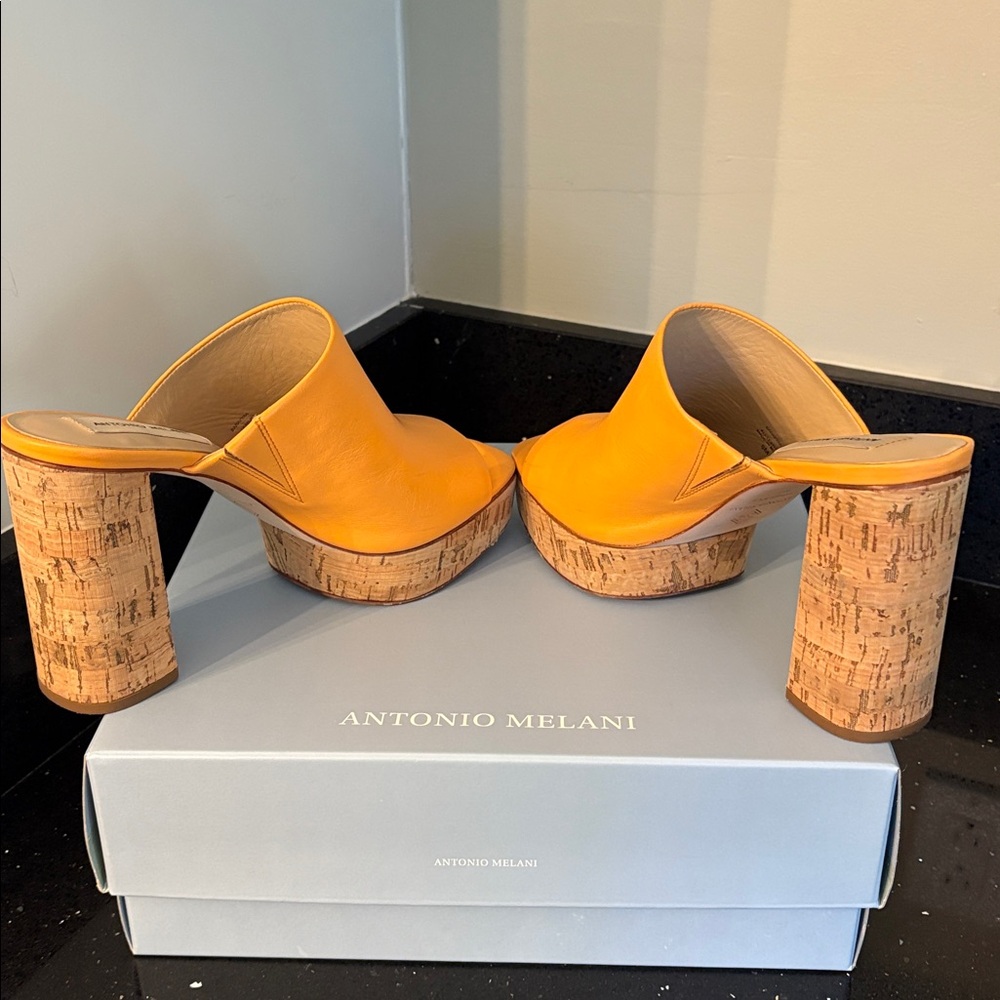 *Antonio Melani SARAYYAA Pale Peach Orange Cork Open Toe Heels Chunky Platforms - Picture 5 of 16